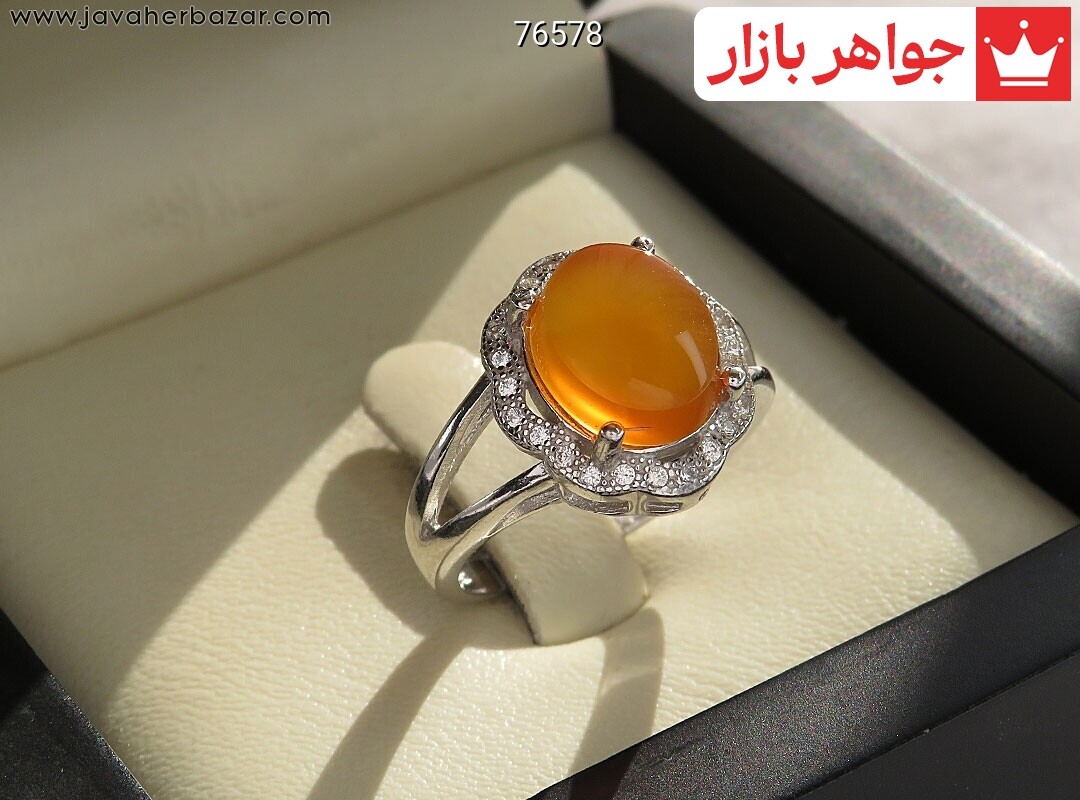 انگشتر نقره عقیق یمنی نارنجی پرتقالی زیبا زنانه [شرف الشمس]